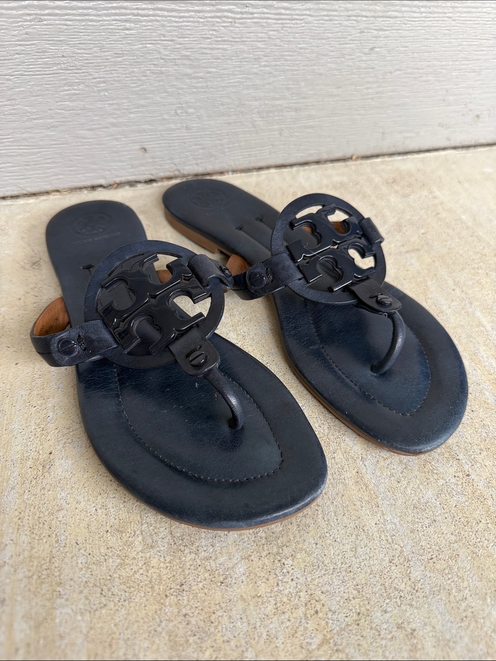 Tory Burch Black Leather Logo Thong Sandals